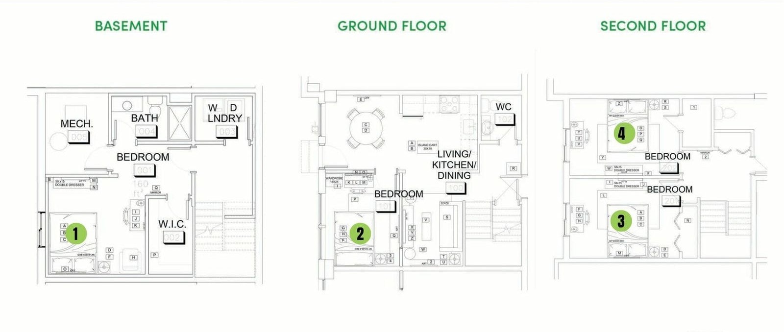 Floor plan for four bedrooms at 7 Majestic Drive, Unit 10: Three floors. One bedroom in the basement beside the laundry, one off the ground-floor living room, two more upstairs.