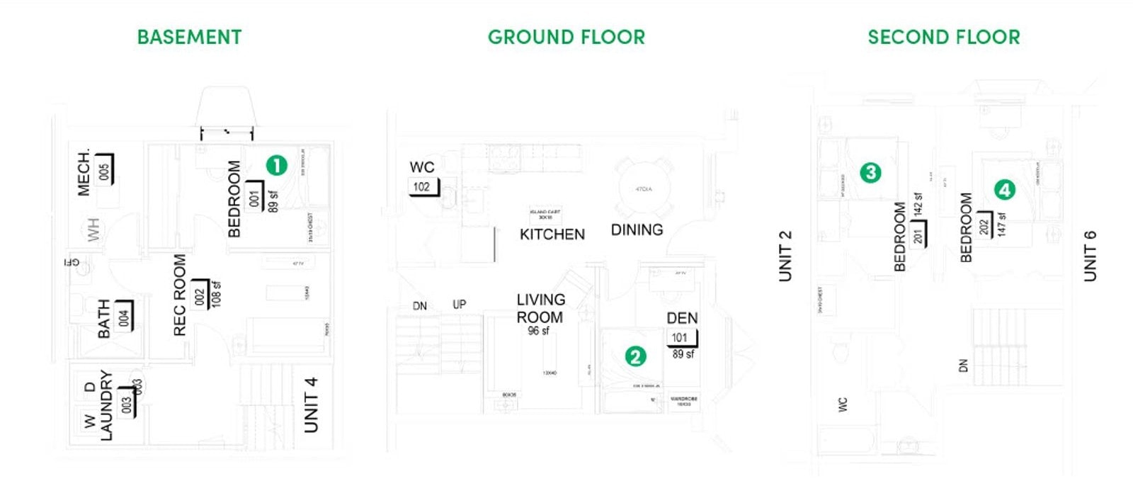 Floor plan for four bedrooms at 1664 Woodroffe Avenue, Unit 4: Three floors, a rec room in the basement and a den off the living room. The layout that gives a family somewhere to put everyone.