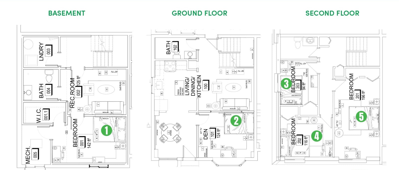 Floor plan for five bedrooms at 1668 Woodroffe Avenue, Unit 1: Three floors, five bedrooms and a den, with the largest bedroom at 196 square feet on the second floor.