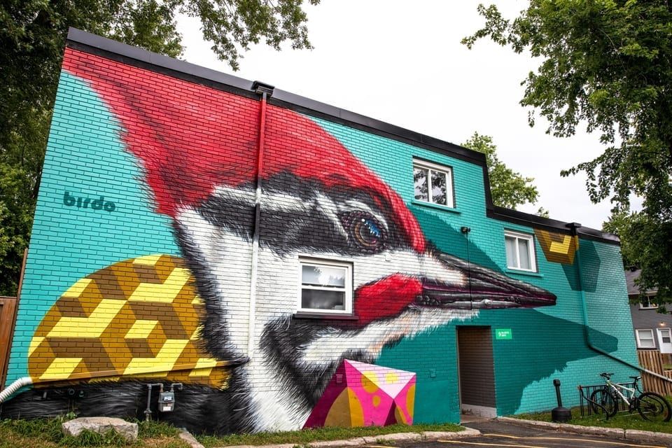Woodroffe Towns: mural of a pileated woodpecker on the turquoise east wall, furnished townhouses in Nepean, Ottawa